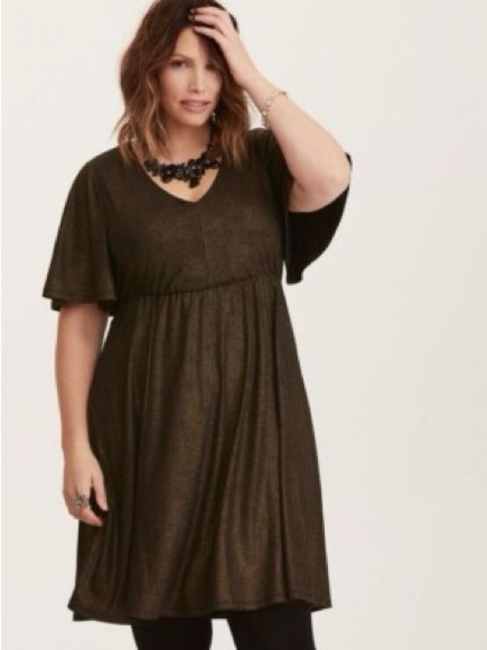 torrid Metallic Black V-Neck Flutter Sleeve Mini Dress